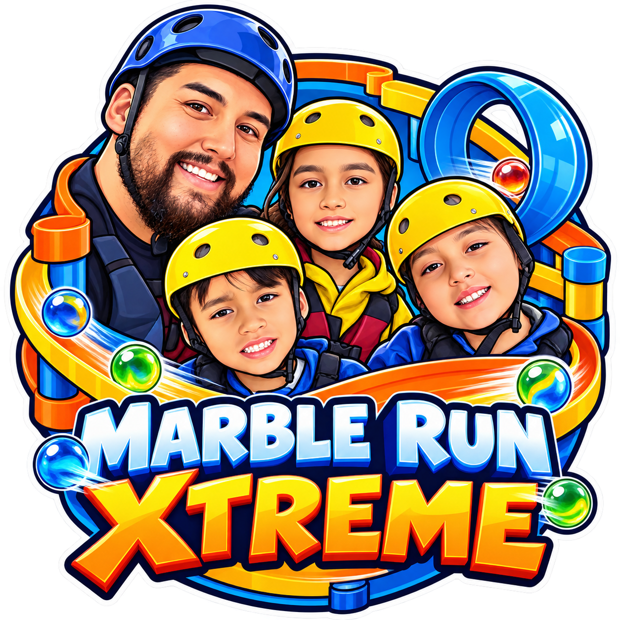 Our family of four as oversized-head cartoon marble builders
