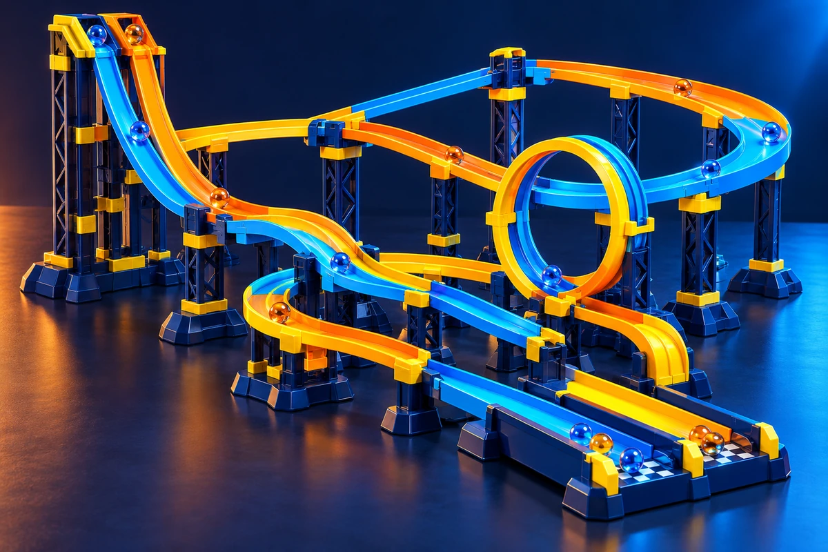 Illustrative racing crossover marble run kit