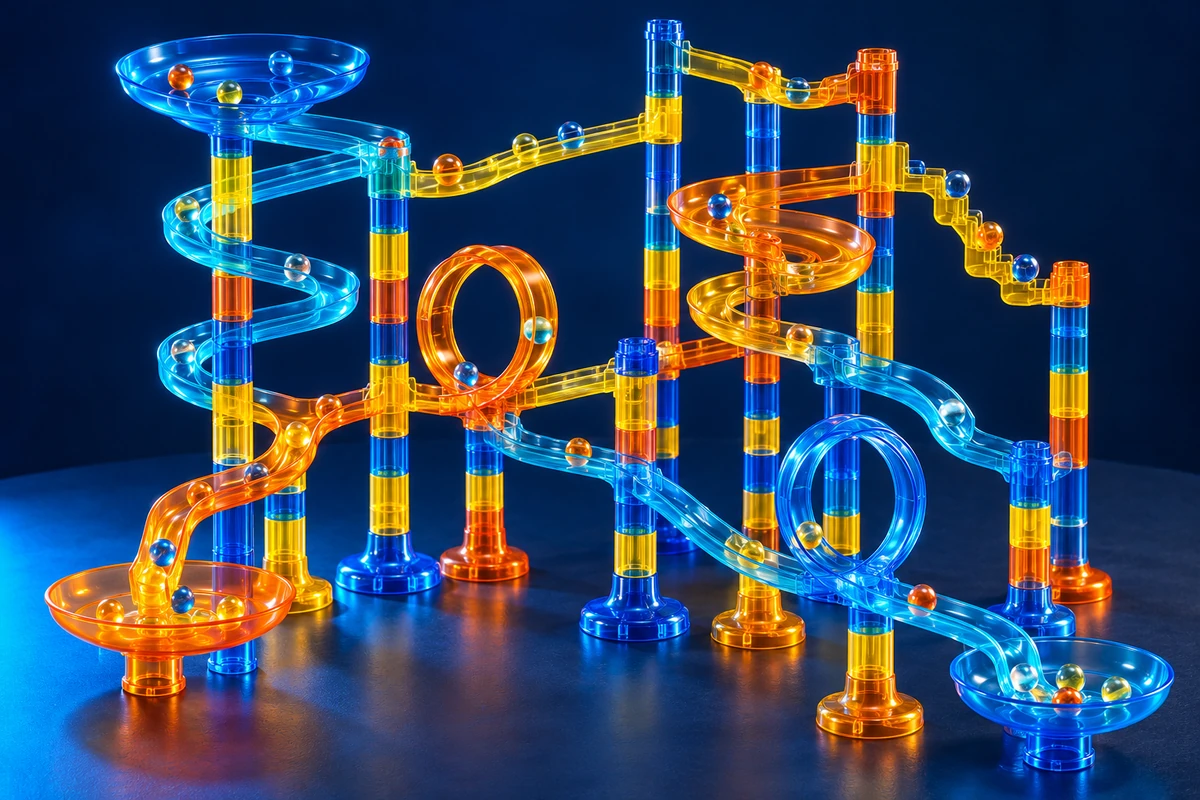Illustrative translucent tower marble run kit