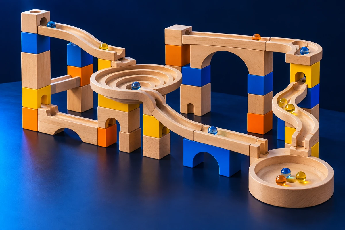 Illustrative wooden track marble run kit