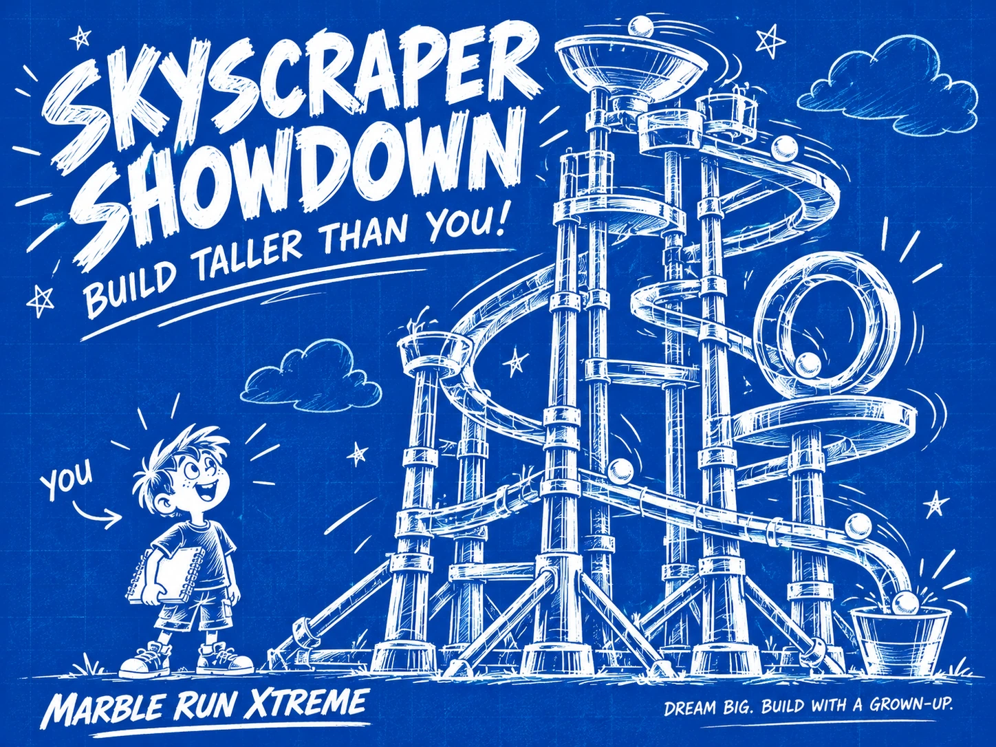 Skyscraper Showdown: a white hand-drawn marble tower towering above a cartoon builder on blue